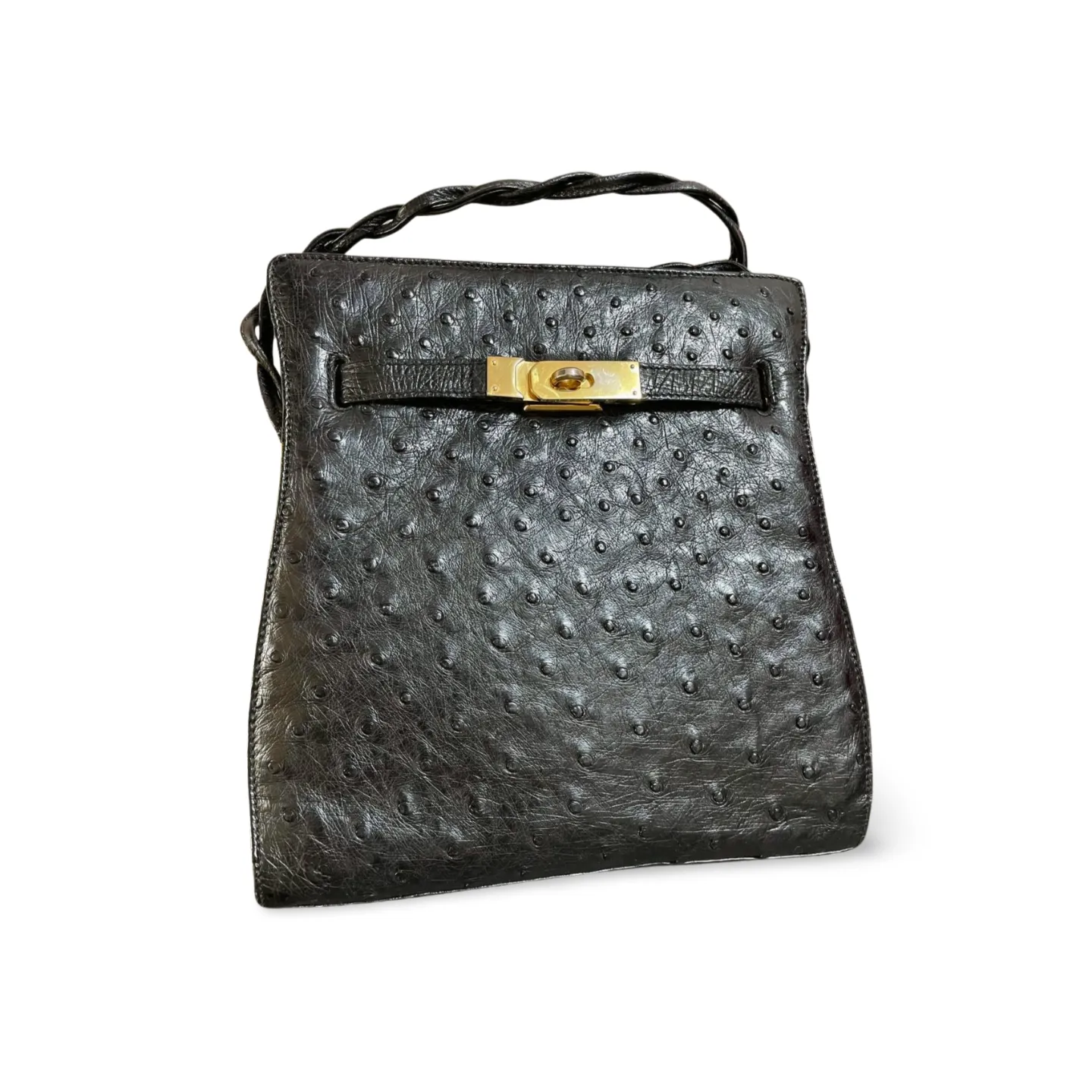 Vintage BALLY genuine ostrich leather kelly ado sport style shoulder bag purse with gold tone hardware and twisted straps. 061024y1