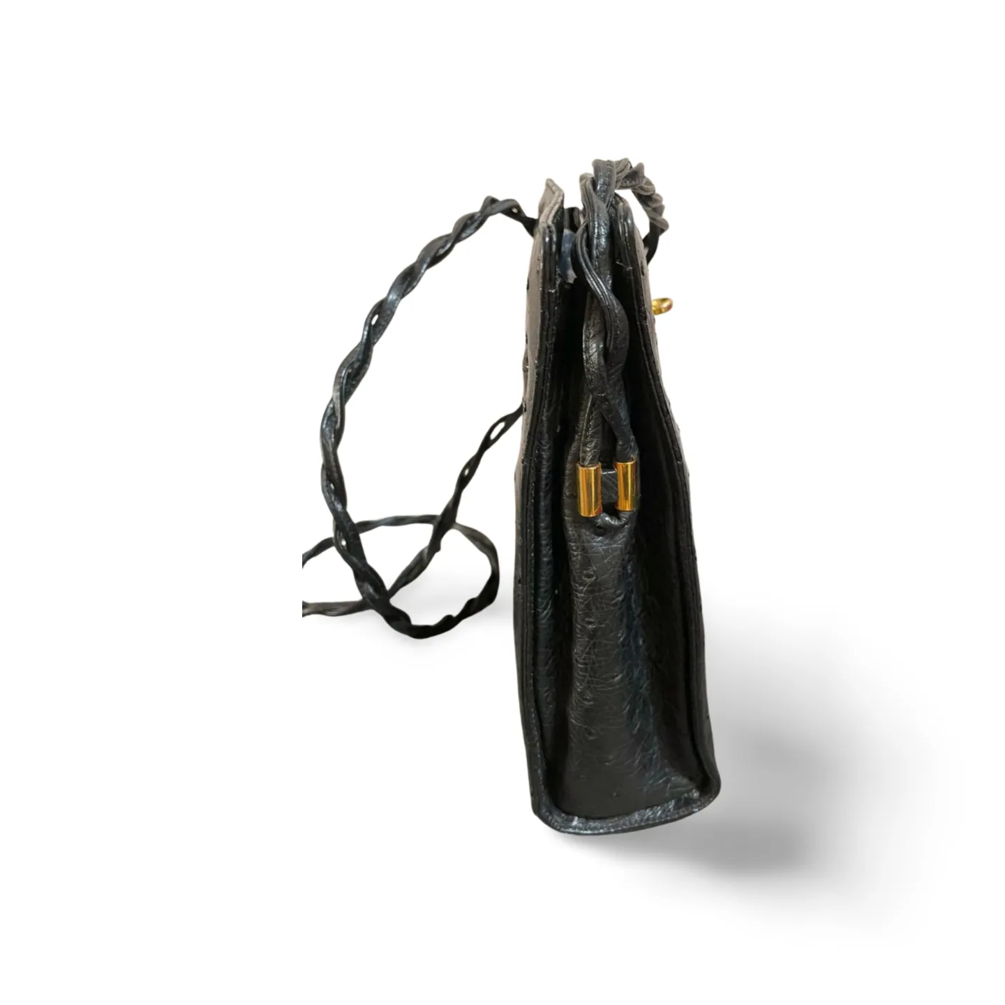 Vintage BALLY genuine ostrich leather kelly ado sport style shoulder bag purse with gold tone hardware and twisted straps. 061024y1