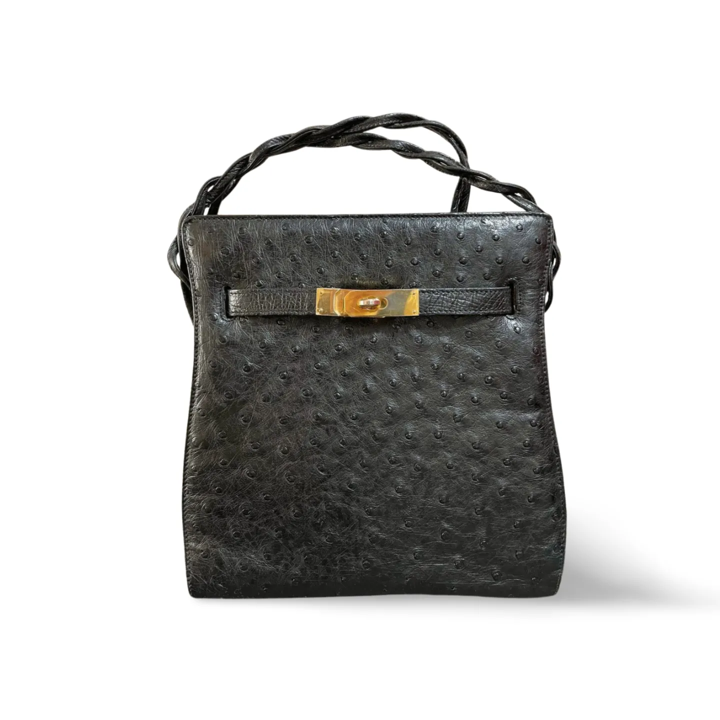 Vintage BALLY genuine ostrich leather kelly ado sport style shoulder bag purse with gold tone hardware and twisted straps. 061024y1
