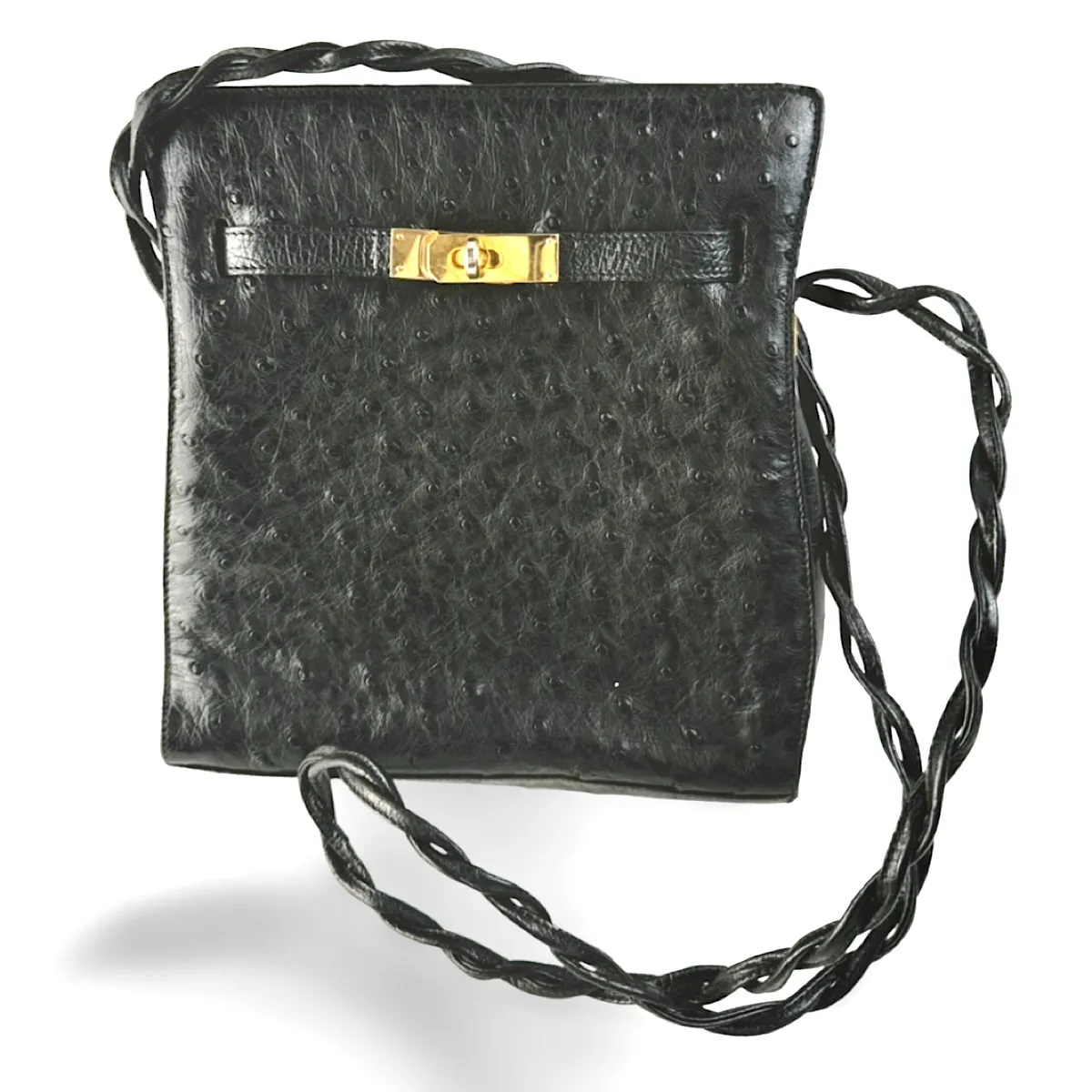 Vintage BALLY genuine ostrich leather kelly ado sport style shoulder bag purse with gold tone hardware and twisted straps. 061024y1