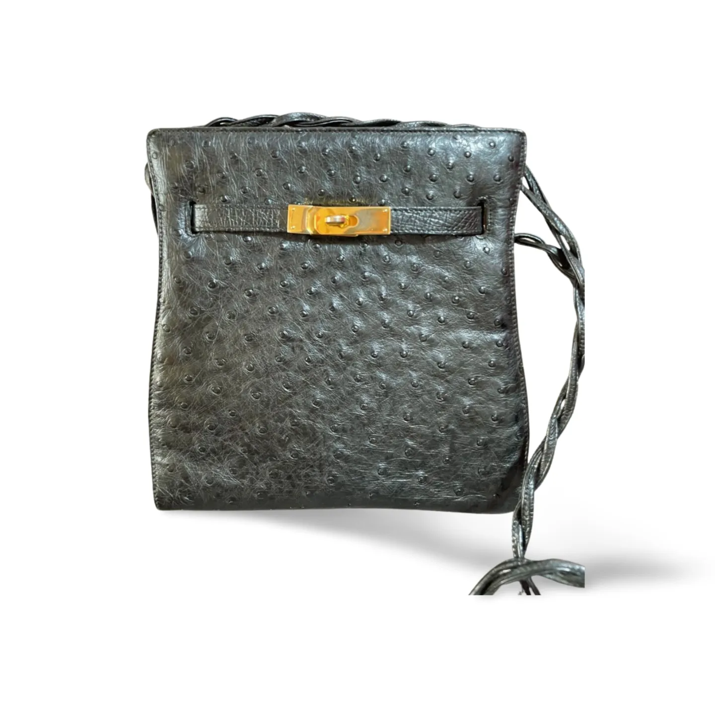 Vintage BALLY genuine ostrich leather kelly ado sport style shoulder bag purse with gold tone hardware and twisted straps. 061024y1