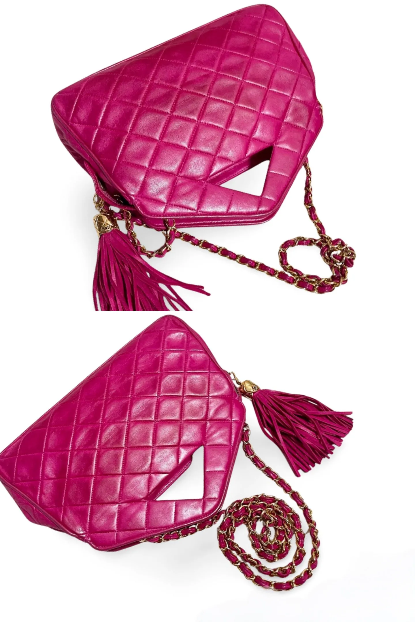 Vintage CHANEL pink lamb leather chain shoulder bag with fringe. Rare triangle handle handbag. Must have purse. 070225ac6