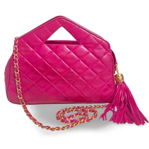Vintage CHANEL pink lamb leather chain shoulder bag with fringe. Rare triangle handle handbag. Must have purse. 070225ac6
