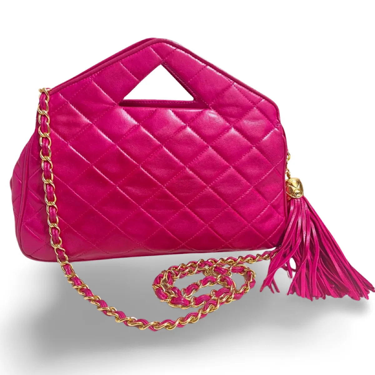 Vintage CHANEL pink lamb leather chain shoulder bag with fringe. Rare triangle handle handbag. Must have purse. 070225ac6