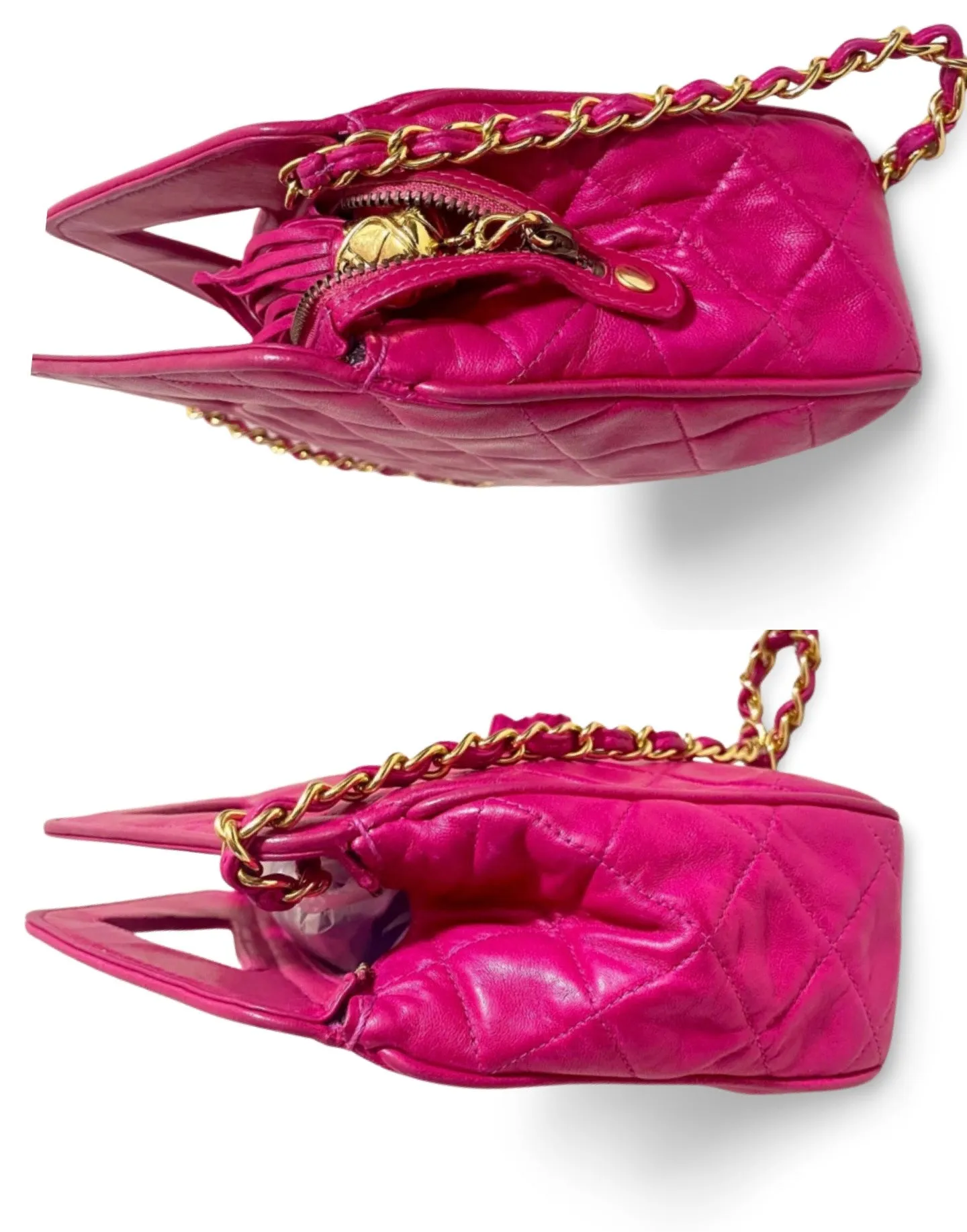 Vintage CHANEL pink lamb leather chain shoulder bag with fringe. Rare triangle handle handbag. Must have purse. 070225ac6