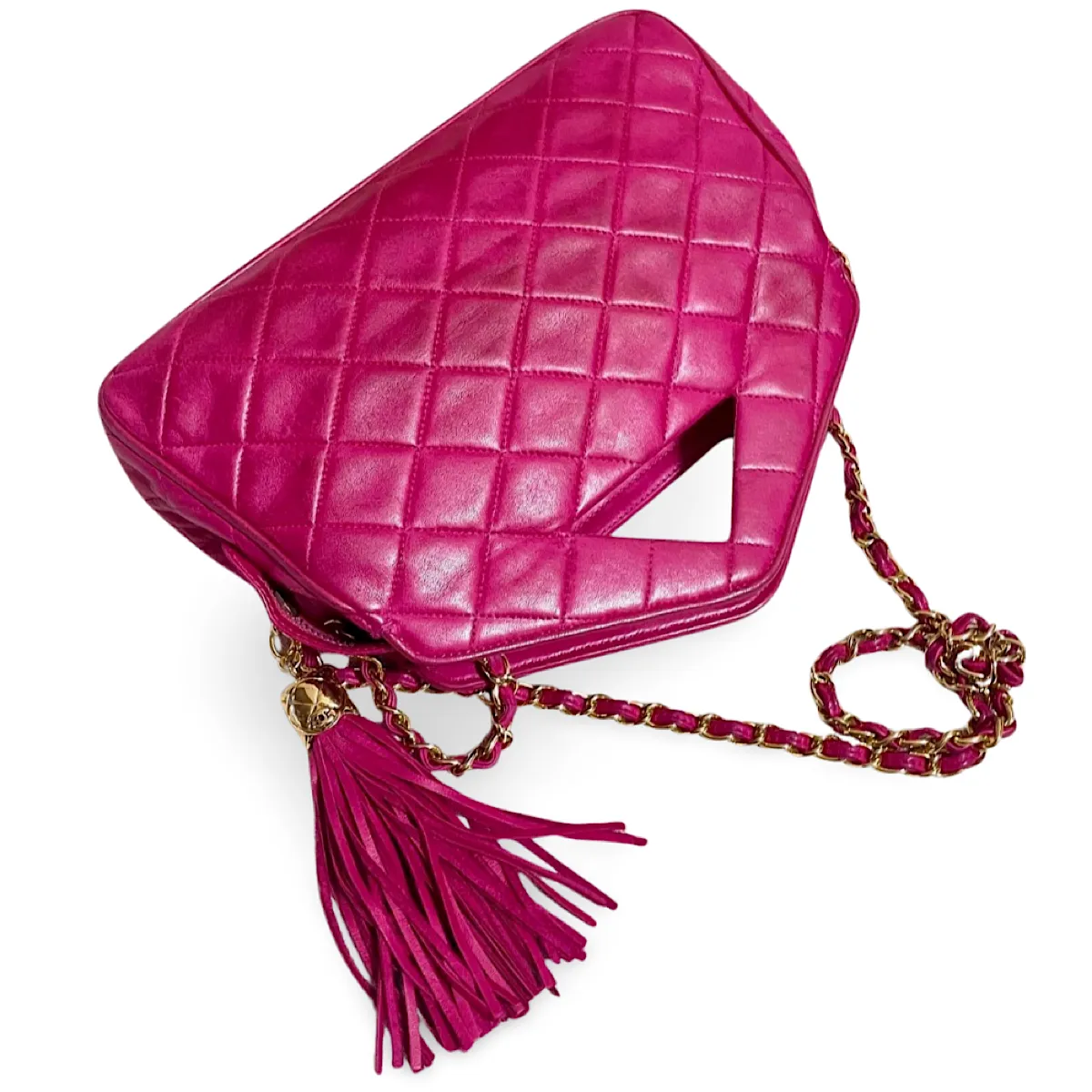 Vintage CHANEL pink lamb leather chain shoulder bag with fringe. Rare triangle handle handbag. Must have purse. 070225ac6