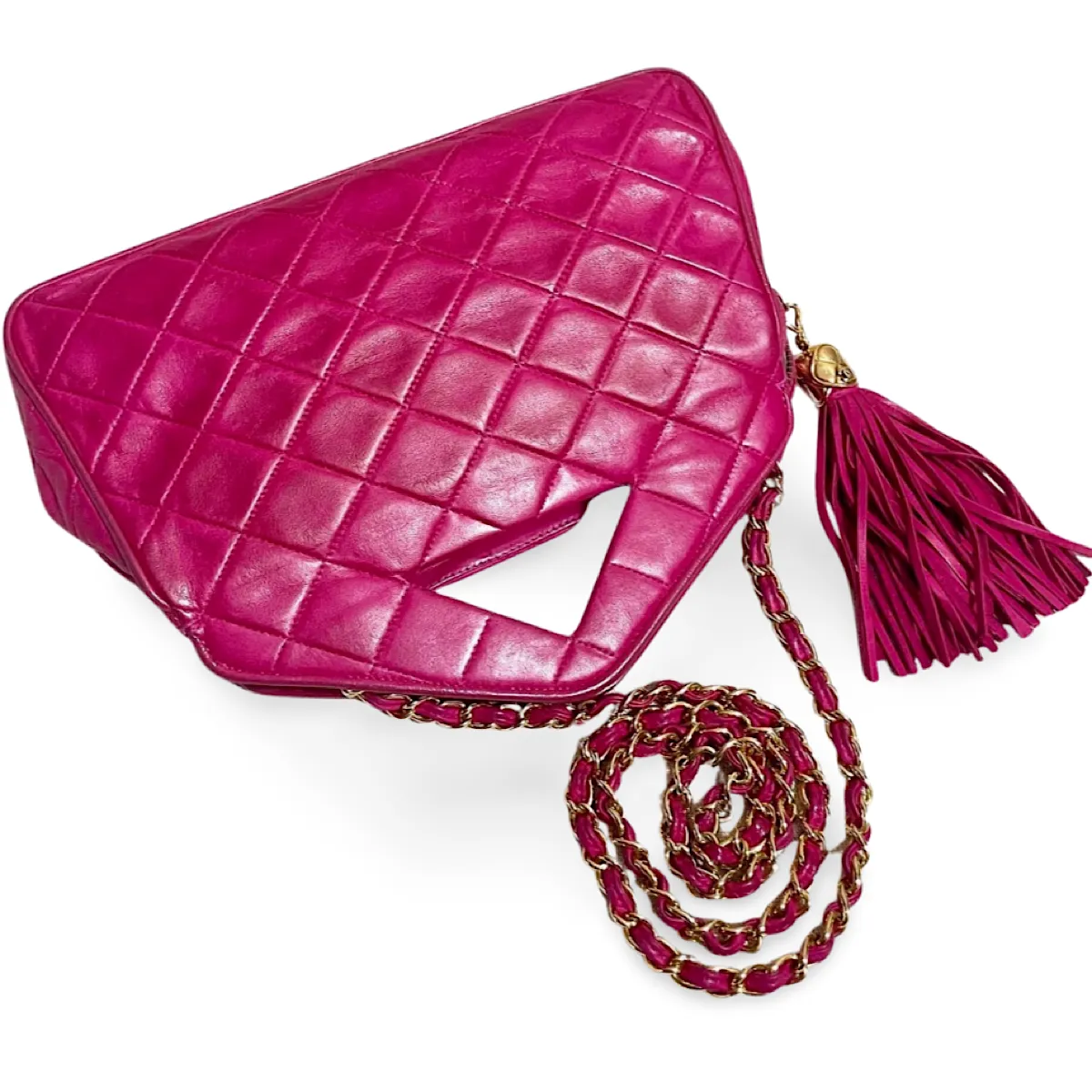Vintage CHANEL pink lamb leather chain shoulder bag with fringe. Rare triangle handle handbag. Must have purse. 070225ac6