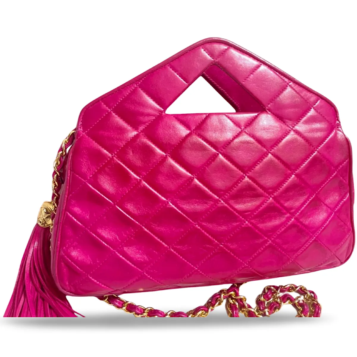 Vintage CHANEL pink lamb leather chain shoulder bag with fringe. Rare triangle handle handbag. Must have purse. 070225ac6