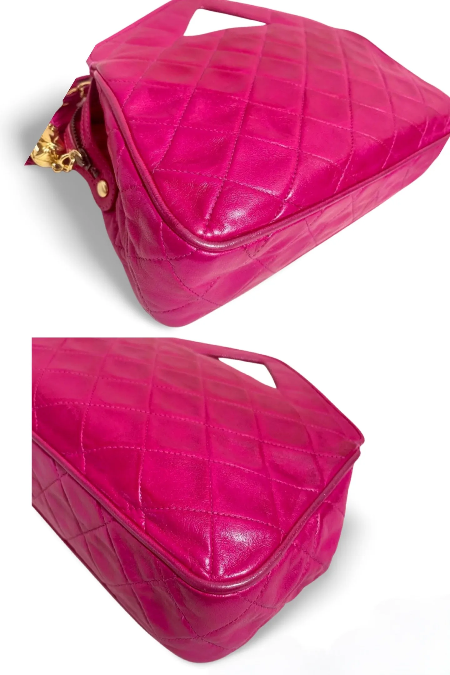 Vintage CHANEL pink lamb leather chain shoulder bag with fringe. Rare triangle handle handbag. Must have purse. 070225ac6