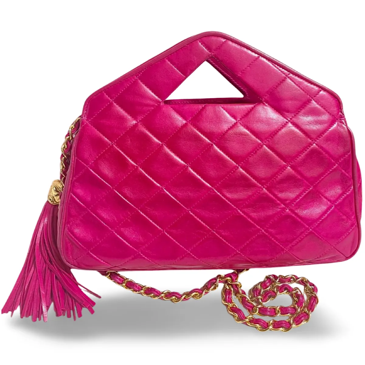 Vintage CHANEL pink lamb leather chain shoulder bag with fringe. Rare triangle handle handbag. Must have purse. 070225ac6