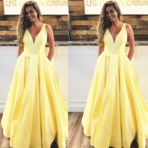 yellow prom dresses with pockets vestido de festa de Longo satin v neck elegant sleeveless prom gown