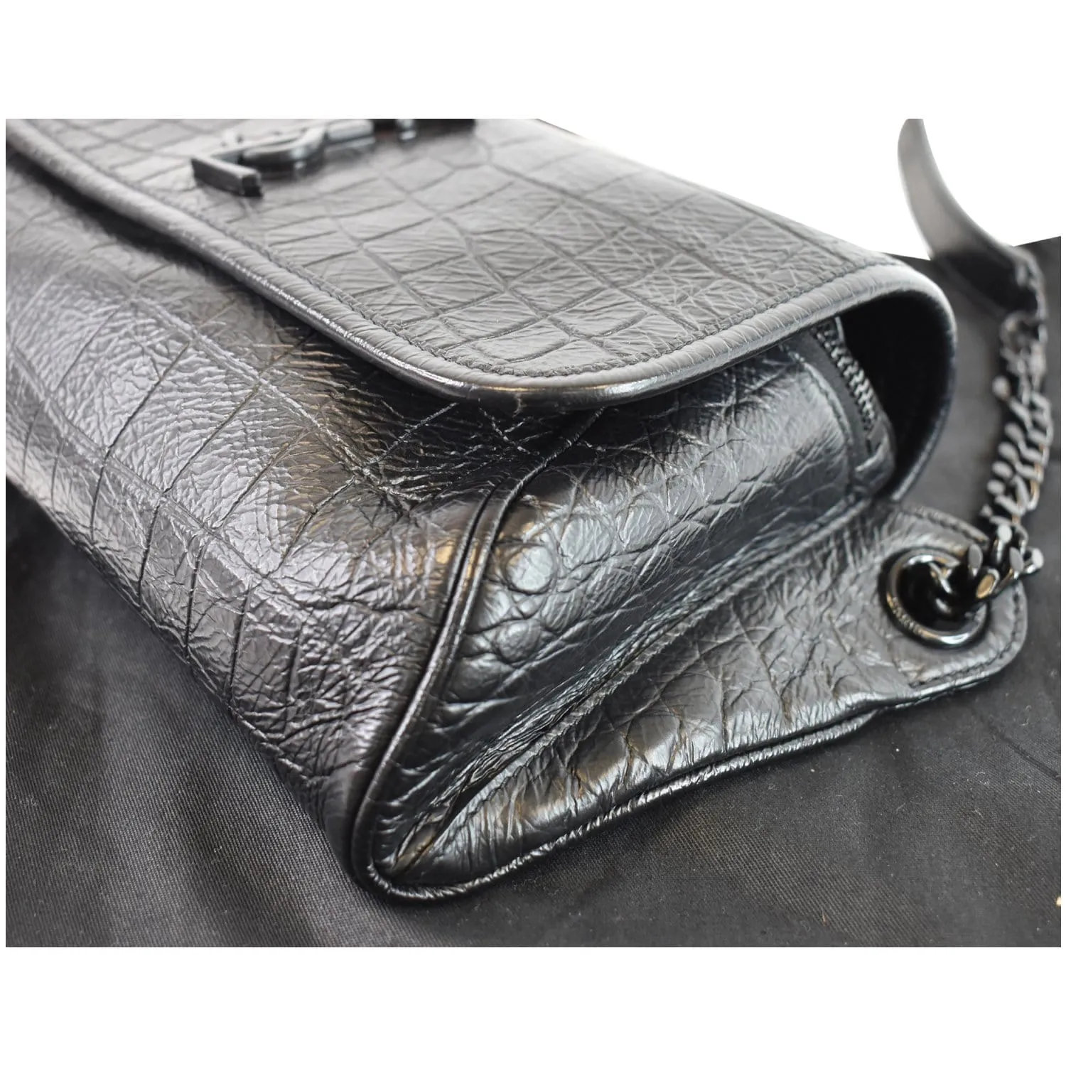 YVES SAINT LAURENT Niki Croc Embossed Leather Shoulder Bag Black