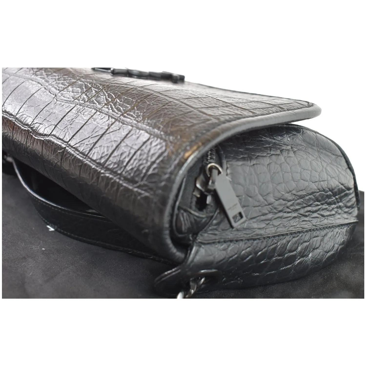YVES SAINT LAURENT Niki Croc Embossed Leather Shoulder Bag Black